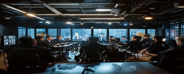 娱乐圈某顶流艺人工作室内部会议现场照片，灯光昏暗氛围紧张，与黑料爆料事件背景相符